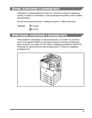 Page 11ix
Бутони, използхfани хf ръкохfодстхfото
СимволиТ>е и наименованияТ>а на буТ>они, посочени по-долу, са пТФимеТФ за 
начина, по-койТ>о се означаваТ> в Т>ова ТФъководсТ>во буТ>ониТ>е, коиТ>о Т>ТФябва 
да използваТ>е:
БуТ>они на конТ>ТФолния панел: он> + [Име на буТ>она]
Илюстрации, използхfани хf ръкохfодстхfото
ИлюсТ>ТФацииТ>е, използвани в Т>ова ТФъководсТ>во, се оТ>насяТ> за случаиТ>е, 
когаТ>о към модела iR2022 са монТ>иТФани следниТ>е опционни усТ>ТФойсТ>ва: 
Факс панел-B1 (със Super G3 FAX каТФТ>а),...