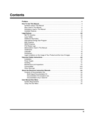 Page 5iii
Contents
Preface . . . . . . . . . . . . . . . . . . . . . . . . . . . . . . . . . . . . . . . . . . . . . . . . . . . . . . . . . .  v
How To Use This Manual. . . . . . . . . . . . . . . . . . . . . . . . . . . . . . . . . . . . . . . . . . . . . . . . . . . .  v
Symbols Used in This Manual . . . . . . . . . . . . . . . . . . . . . . . . . . . . . . . . . . . . . . . . . . . . . . . v
Keys Used in This Manual . . . . . . . . . . . . . . . . . . . . . . . . . . . . . . . . . . . . . . . . . . . . . ....