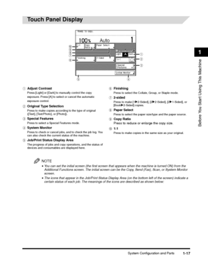 Page 41System Configuration and Parts1-17
Before You Start Using This Machine
1
Touch Panel Display 
NOTE
•You can set the initial screen (the first screen that appears when the machine is turned ON) from the 
Additional Functions screen. The initial screen can be the Copy, Send (Fax), Scan, or System Monitor 
screen.
•The icons that appear in the Job/Print Status Display Area (on the bottom left of the screen) indicate a 
certain status of each job. The meanings of the icons are described as shown below:
a
b...