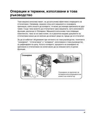 Page 13xi
Операции и термини, използвани в това 
ръководство
Тази машина използва памет, за да изпълнява ефективно операциите за 
отпечатване. Например, веднага след като машината е сканирала 
оригинала, който искате да копирате, тя може да сканира оригинала на друг 
човек. Също така можете да отпечатвате чрез машината, като използвате 
функции, различни от Копиране. Машината изпълнява тези операции 
комплексно, така че не само копия, но и различни видове документи за 
отпечатване може да се наложи да изчакат...