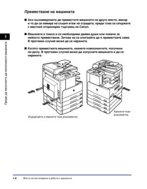 Page 36Място на инсталиране и работа с машината1-6
Преди да започнете да
 използвате машината
1
Преместване на машината
■Ако възнамерявате да преместите машината на друго място, макар 
и то да се намира на същия етаж на сградата, преди това се свържете 
с местния оторизиран търговец на Canon.
■Машината е тежка и са необходими двама души или повече за 
нейното преместване. Затова не се опитвайте да я премествате сами. 
В противен случай може да се нараните.
■Когато премествате машината, хванете компонентите,...