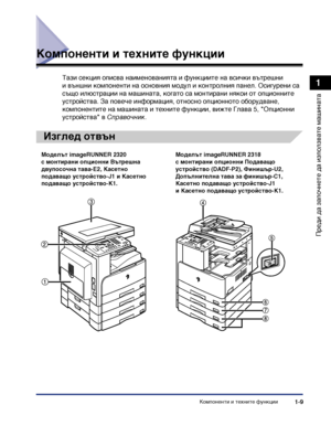 Page 39Компоненти и техните функции1-9
Преди да започнете да
 използвате машината
1
Компоненти и техните функции
Tази секция описва наименованията и функциите на всички вътрешни 
и външни компоненти на основния модул и контролния панел. Осигурени са 
също илюстрации на машината, когато са монтирани някои от опционните 
устройства. За повече информация, относно опционното оборудване, 
компонентите на машината и техните функции, вижте Глава 5, "Опционни 
устройства" в Справочник.
Изглед отвън
Моделът...