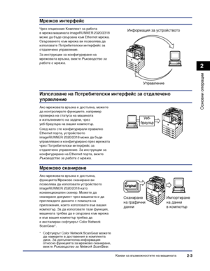 Page 61Какви са възможностите на машината2-3
Основни операции
2
Мрежов интерфейс
Чрез опционния Комплект за работа в мрежа машината imageRUNNER 2320/2318 
може да бъде свързана към Ethernet мрежа. 
Свързването към мрежа ви позволява да използвате Потребителски интерфейс за 
отдалечено управление.
За инструкции за конфигуриране на 
мрежовата връзка, вижте Ръководство за работа с мрежа.
Използване на Потребителски интерфейс за отдалечено 
управление
Ако мрежовата връзка е достъпна, можете да контролирате...