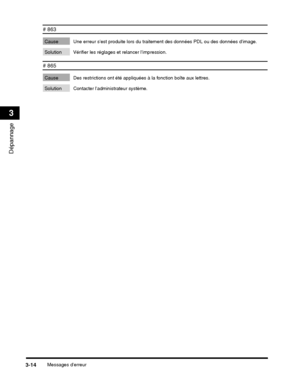 Page 168Messages derreur3-14
Dépannage
3
# 863
Cause Une erreur sest produite lors du traitement des données PDL ou des données dimage.
Solution Vérifier les réglage s et relancer limpression.
# 865
Cause Des restrictions ont été appliquées à la fonction boîte aux lettres.
 