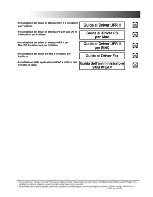 Page 263Guida al Driver UFR IICD-ROM
Guida al Driver PS per MacCD-ROM
Guida al Driver UFR II  per MACCD-ROM
Guida al Driver FaxCD-ROM
Guida dellamministratore  SMS MEAPCD-ROM
•Per visualizzare i manuali in formato PDF occorre utilizzare Adobe Reader/Adobe Acrobat Reader. Se Adobe Reader/Adobe Acrobat R eader non è 
installato nel sistema utilizzato, scaricarlo dal sito Adobe Systems Incorporated.
•Per la stesura del presente manuale è stato fatto uno sforzo considerevole per evitare imprecisioni o omissioni....