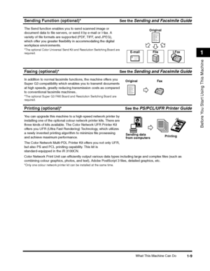 Page 33What This Machine Can Do1-9
Before You Start Using This Machine
1
Sending Function (optional)*See the Sending and Facsimile Guide
The Send function enables you to send scanned image or 
document data to file servers, or send it by e-mail or I-fax. A 
variety of file formats are supported (PDF, TIFF, and JPEG), 
which offer you greater flexibility in accommodating the digital 
workplace environments.
*The optional Color Universal Send Kit and Resolution Switching Board are 
required.
Faxing (optional)*See...