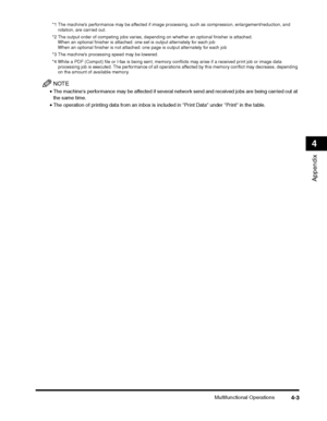 Page 73Multifunctional Operations4-3
Appendix
4
*1 The machines performance may be affected if image processing, such as compression, enlargement/reduction, and rotation, are carried out.
*2 The output order of competing jobs varies, depending on whether an optional finisher is attached. When an optional finisher is attached: one set is output alternately for each job
When an optional finisher is not attached: one page is output alternately for each job
*3 The machines processing speed may be lowered.
*4 While...