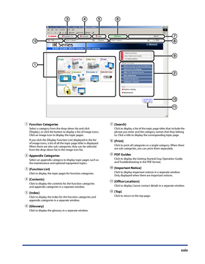 Page 31
xxix

① Function CategoriesSelect a category from the drop-down list and click [Display], or click the button to display a list of image icons. Click an image icon to display the topic pages.
If you click the [Display Function List] displayed in the list of image icons, a list of all the topic page titles is displayed. When there are also sub-categories, they can be selected from the drop-down list in the image icon list.
② Appendix CategoriesSelect an appendix category to display topic pages such as...