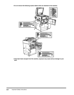 Page 24Important Safety Instructionsxxii
•Do not remove the following caution labels which are attached to the machine.
•If the laser beam escapes from the machine, exposure may cause serious damage to your eyes.
 