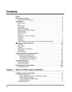 Page 6iv
Contents
Preface. . . . . . . . . . . . . . . . . . . . . . . . . . . . . . . . . . . . . . . . . . . . . . . . . . . . . . . . . . . . . . . . . .   vi
How To Use This Manual . . . . . . . . . . . . . . . . . . . . . . . . . . . . . . . . . . . . . . . . . . . . . . . . . . .   vi
Symbols Used in This Manual . . . . . . . . . . . . . . . . . . . . . . . . . . . . . . . . . . . . . . . . . . . . . . vi
Legal Notices  . . . . . . . . . . . . . . . . . . . . . . . . . . . . . . . . . . . . . . . . . . ....