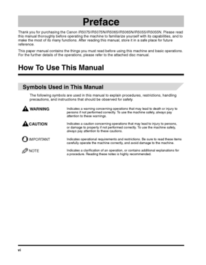 Page 8vi
Preface
Thank you for purchasing the Canon iR5075/iR5075N/iR5065/iR5065N/iR5055/iR5055N. Please read 
this manual thoroughly before operating the machine to familiarize yourself with its capabilities, and to 
make the most of its many functions. After reading this manual, store it in a safe place for future reference. 
This paper manual contains the things you must read before using this machine and basic operations. 
For the further details of the operations, please refer to the attached disc...