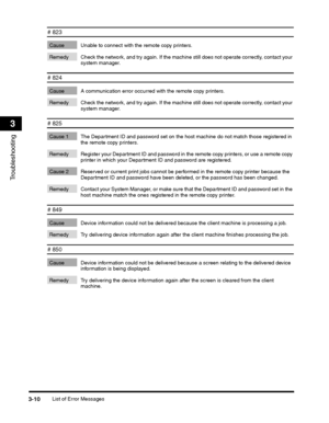 Page 84List of Error Messages3-10
Troubleshooting
3
# 823 
Cause Unable to connect with the remote copy printers. 
Remedy Check the network, and try again. If the machine still does not operate correctly, contact your system manager.
# 824 
Cause A communication error occurred with the remote copy printers. 
Remedy Check the network, and try again. If the machine still does not operate correctly, contact your system manager.
# 825 
Cause 1 The Department ID and password set on the host machine do not match...