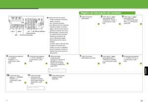 Page 134Esp añol
17
Registro de información del remitente
● Introducción de información
– Teclas numéricas: introducen 
letras y números.
– [ ]: introduce símbolos.
– [ ]: alterna entre los modos de  entrada de letras y números.
– [ ]: permite mover hacia la  derecha la posición del cursor.
– [Borrar]/[ ]: permite borrar  el carácter que se encuentra 
delante de la posición del 
cursor. Mantenga pulsado 
[Borrar] para borrar toda la 
entrada. 
Al pulsar [ ] y [Borrar] para 
introducir el nombre de la 
unidad, el...
