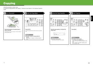 Page 21English
39
Copying
Follow this procedure to make a copy.
For advanced copying features, see Chapter 2, “Advanced Copy Features,” in the Advanced Operation 
Guide.
Set a DocumentEnter the Copy Mode
Place the document on the platen glass or 
load it in the ADF.
For documents you can copy, see Chapter 2, “Document Handling,” in 
the Basic Operation Guide.
Press [COPY].
The COPY indicator lights and the machine enters the copy standby 
mode.
What if...
●You want to adjust the image quality and 
density:
See...