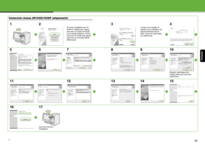 Page 48Français
31
Connexion réseau (iR102 2i/1022iF uniquement)
12
Si l’écran Installation par CD-
ROM ne s’affiche pas, cliquez 
deux fois sur [Poste de travail] 
sur le bureau Windows. Ouvrez 
l’icône du CD-ROM, puis cliquez 
deux fois sur le dossier [MInst 
(MInst.exe)].
3
Lorsque vous installez le 
logiciel sur un ordinateur qui 
exécute Windows Server 
2003, l’écran de cette étape 
ne s’affiche pas.
4
567 8910
Répétez cette étape pour 
chaque pilote que vous avez 
sélectionné.
11 12 13 14 15
16 17
Vous...