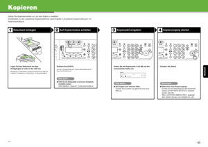 Page 83Deutsch
39
Kopieren
Gehen Sie folgendermaßen vor, um eine Kopie zu erstellen.
Einzelheiten zu den erweiterten Kopierfunktionen siehe Kapitel 2 „Erweiterte Kopierfunktionen“, im 
Referenzhandbuch.
Dokument einlegenAuf Kopiermodus schalten
Legen Sie das Dokument auf dem 
Vorlagenglas an oder in den ADF ein.
Informationen zu Dokumenten, die kopiert werden können, finden Sie 
in Kapitel 2, „Handhabung von Dokumenten“, im Benutzerhandbuch.
Drücken Sie [COPY].
Die COPY-Anzeige leuchtet nun, und das Gerät...