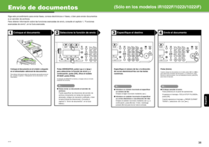 Page 144Esp añol
37
Envío de documentos
Siga este procedimiento para enviar faxes, correos electrónicos e I-faxes, o bien para enviar documentos 
a un servidor de archivos.
Para obtener información sobre las funciones avanz adas de envío, consulte el capítulo 1, “Funciones 
avanzadas de envío”, en la Guía avanzada.
Coloque el documentoSeleccione la función de envío
Coloque el documento en el cristal o cárguelo 
en el alimentador adicional de documentos.
Para obtener información sobre los documentos que puede...