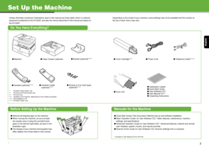 Page 2English
Set Up the Machine
Unless otherwise mentioned, illustrations used in this manual are those taken when no optional 
equipment is attached to the iR1022iF, and also the menus described in this manual are based on 
the iR1022iF. Depending on the model of your machine, some settings may not be available and the number on 
the top of each menu may vary.
Do You Have Everything?
Before Setting Up the MachineManuals for the Machine
●
Remove all shipping tape on the machine.
● When moving the machine, be...