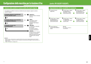 Page 105Italiano
Configurazione della macchina per la ricezione di fax(solo iR1022F/1022iF)
Selezione della modalità di ricezione adatta alle proprie esigenze
Per scegliere la modalità di ricezione più adatta  alle proprie esigenze, seguire lo schema 
riportato di seguito.
NOTA
– Affinché  possa funzionare, la segreteria telef onica deve essere collegata direttamente alla macchina.
– Affinché  o  funzionino è necessario che alla macchina sia collegato il ricevitore opzionale o un 
telefono esterno.
–  non...