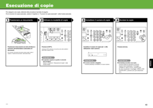 Page 114Italiano
39
Esecuzione di copie
Per eseguire una copia, attenersi alla procedura riportata di seguito.
Per le funzioni di copia avanzate, vedere il Capitolo 2, “Funzioni di copia avanzate”, nella Guida avanzata.
Posizionare un documentoAttivare la modalità di copia
Posizionare il documento sul vetro di lettura o 
caricarlo nell’alimentatore automatico di 
documenti.
Per conoscere i documenti che possono essere copiati, vedere il 
Capitolo 2, “Gestione dei documenti”, nella Guida di base.
Premere [COPY]....