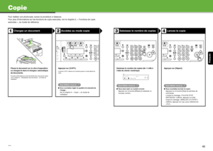 Page 52Français
39
Copie
Pour réaliser une photocopie, suivez la procédure ci-dessous.
Pour plus d’informations sur les fonctions de copie avancées, voir le chapitre 2, « Fonctions de copie 
avancées », du Guide de référence.
Chargez un documentAccédez au mode copie
Placez le document sur la vitre d’exposition 
ou chargez-le dans le chargeur automatique 
de documents.
Pour plus d’informations sur les documents que vous pouvez copier, 
voir le chapitre 2, « Manipulation des documents », du Guide de...