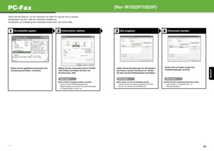 Page 86Deutsch
45
PC-Fax
Gehen Sie wie folgt vor, um ein Dokument von Ihrem PC aus per Fax zu senden.
Vergewissern Sie sich, dass der Faxtreiber installiert ist.
Einzelheiten zur Einstellung des Faxtreibers finden Sie in der Online-Hilfe.
Druckbefehl geben Faxfunktion wählen
Klicken Sie bei geöffnetem Dokument einer 
Anwendung auf [Datei] > [Drucken].  Wählen Sie das Faxsymbol ([Canon iR1022/
1023 (FAX)]) und klicken Sie dann auf 
[Drucken] bzw. [OK].
Was wenn...
●
Sie möchten Faxeigen schaften einstellen:...