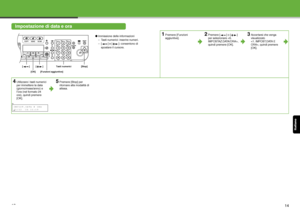 Page 101Italiano
13
Impostazione di data e ora
●Immissione delle informazioni
– Tasti numerici: inserire numeri.
– [ ] e [ ]: consentono di 
spostare il cursore.1Premere [Funzioni 
aggiuntive].2Premere [ ] o [ ] 
per selezionare , 
quindi premere [OK].3Accertarsi che venga 
visualizzato 
< 1 . I M P O S T. D ATA  E  
ORA>, quindi premere 
[OK].
4Utilizzare i tasti numerici 
per immettere la data 
(giorno/mese/anno) e 
l’ora (nel formato 24 
ore), quindi premere 
[OK].5Premere [Stop] per 
ritornare alla modalità...