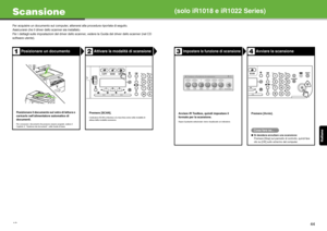 Page 116Italiano
43
Scansione
Per acquisire un documento sul computer, attenersi alla procedura riportata di seguito.
Assicurarsi che il driver dello scanner sia installato.
Per i dettagli sulle impostazioni del driver dello scanner, vedere la Guida del driver dello scanner (nel CD 
software utente).
Posizionare un documentoAttivare la modalità di scansione
Posizionare il documento sul vetro di lettura o 
caricarlo nell’alimentatore automatico di 
documenti.
Per conoscere i documenti che possono essere...