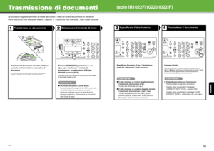 Page 113Italiano
37
Trasmissione di documenti
La procedura seguente permette di inviare fax, e-mail e I-fax o di inviare documenti a un file server.
Per le funzioni di invio avanzate, vedere il Capitolo  1, “Funzioni di invio avanzate”, nella Guida avanzata.
Posizionare un documentoSelezionare il metodo di invio
Posizionare il documento sul vetro di lettura o 
caricarlo nell’alimentatore automatico di 
documenti.
Per conoscere i documenti che possono essere inviati, vedere il 
Capitolo 2, “Gestione dei...