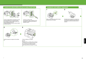 Page 130Esp añol
9
Conexión de los cables de l teléfono (sólo para los modelos iR1022F/1022iF)Instalación del teléfono (opcional)
Conecte el cable telefónico suministrado a la toma 
de la línea telefónica (A) y a la toma de pared.
Si es necesario, conecte el teléfono externo a la 
toma de dispositivo externo (B).
Si dispone del teléfono opcional, conecte el cable a 
la toma del mismo (C). Usuarios en el Reino Unido:
Si es necesario, utilice un adaptador de BT, 
disponible por separado, para conectar un...