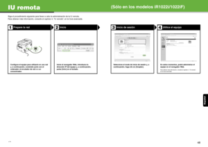 Page 149Esp añol
47
IU remota
Siga el procedimiento siguiente para llevar a cabo la administración de la IU remota.
Para obtener más información, consulte el cap ítulo 4, “IU remota”, en la Guía avanzada.
Prepare la redInicio
Configure el equipo para utilizarlo en una red 
y, a continuación, conéctelo junto con el 
ordenador al enrutador de red o a un 
concentrador. Inicie el navegador Web, introduzca la 
dirección IP del equipo y, a continuación, 
pulse [Intro] en el teclado.
12
(Sólo en los modelos...