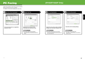 Page 24English
45
PC Faxing
Follow this procedure to send a fax from your computer.
Make sure that the fax driver is installed.
For details on the fax driver settings, see online help.
Start the Print Command Select the Fax
From an open document on an application, 
click [File] > [Print]. Select the fax icon ([Canon iR1022/
1023 (FAX)]), then click [Print] or [OK].
What if...
●
 You want to adjust the fax properties:
Click [Preferences] or [Properties] and adjust the 
settings.
12
(iR1022F/1022iF Only)
Set the...