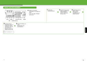 Page 70Deutsch
13
Datum und Zeit einstellen
●Eingabe von Information
– Zahlentasten: Zur Eingabe von 
Ziffern.
– [ ] oder [ ]: Bewegen  des Cursors.1Drücken Sie 
[Zusatzfunktionen].2Drücken Sie [ ] oder 
[ ] zur Auswahl von 
 und drücken 
Sie dann [OK].3Vergewissern Sie sich, 
dass  
angezeigt wird, und 
drücken Sie [OK].
4Verwenden Sie die 
numerischen Tasten zur 
Eingabe des Datums 
(Tag, Monat, Jahr) und 
der Uhrzeit (im 24-
Stunden-Format), und 
drücken Sie dann [OK].5Drücken Sie [Stopp], um 
in den...