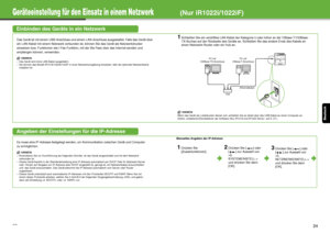 Page 75Deutsch
23
Geräteeinstellung für den Einsatz in einem Netzwerk(Nur iR1022i/1022iF)
Einbinden des Geräts in ein Netzwerk
Das Gerät ist mit einem USB-Anschluss und einem LAN-Anschluss ausgestattet. Falls das Gerät über 
ein LAN-Kabel mit einem Netzwerk verbunden is t, können Sie das Gerät als Netzwerkdrucker 
einsetzen bzw. Funktionen wie I-Fax-Funktion, mit der Sie Faxe über das Internet senden und 
empfangen können, verwenden.
HINWEIS
– Das Gerät wird ohne LAN-Kabel ausgeliefert.
– Sie können das Modell...