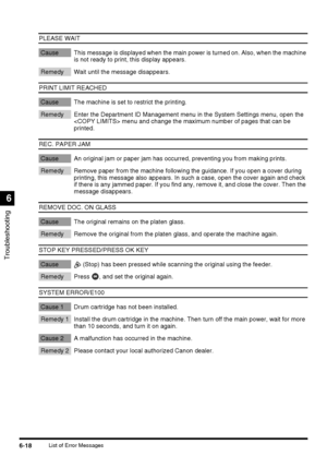 Page 148Troubleshooting
6
6-18List of Error Messages
PLEASE WAIT
Cause This message is displayed when the main power is turned on. Also, when the machine 
is not ready to print, this display appears.
Remedy Wait until the message disappears.
PRINT LIMIT REACHED
Cause The machine is set to restrict the printing.
Remedy Enter the Department ID Management menu in the System Settings menu, open the 
 menu and change the maximum number of pages that can be 
printed.
REC. PAPER JAM
Cause  An original jam or paper jam...