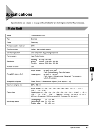 Page 1858-3Specifications
Appendix
8
Specifications
Specifications are subject to change without notice for product improvement or future release.
Main Unit
Name Canon iR2000/1600
Type Desktop
Platen Stationary
Photoconductive material OPC
Copying system Indirect electrostatic copying
Developing system One component dry jumping exposure
Fixing system Heat Roller Fusing
ResolutionReading 600 dpi x 600 dpi
Writing  approx. 1200 dpi x 600 dpi
Printing approx. 2400 dpi x 600 dpi
Number of tones 256
Acceptable paper...