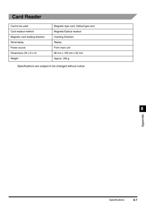 Page 1898-7Specifications
Appendix
8
Card Reader
Specifications are subject to be changed without notice.
Card to be used Magnetic type card, Optical type card
Card readout method Magnetic/Optical readout
Magnetic card reading direction Inserting Direction
Store/replay Replay
Power source From main unit
Dimensions (W x D x H) 88 mm x 100 mm x 32 mm
Weight Approx. 295 g
 