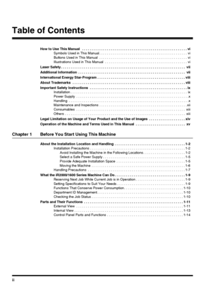 Page 4ii
Table of Contents
How to Use This Manual   . . . . . . . . . . . . . . . . . . . . . . . . . . . . . . . . . . . . . . . . . . . . . . . . . . . . . . . vi
Symbols Used in This Manual . . . . . . . . . . . . . . . . . . . . . . . . . . . . . . . . . . . . . . . . . . . . . .  vi
Buttons Used in This Manual  . . . . . . . . . . . . . . . . . . . . . . . . . . . . . . . . . . . . . . . . . . . . . .  vi
Illustrations Used in This Manual  . . . . . . . . . . . . . . . . . . . . . . . . . . . . . . . . ....