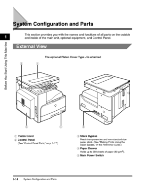 Page 44System Configuration and Parts1-14
Before You Start Using This Machine
1
System Configuration and Parts
This section provides you with the names and functions of all parts on the outside 
and inside of the main unit, optional equipment, and Control Panel. 
External View
aPlaten Cover
bControl Panel
(See “Control Panel Parts,” on p. 1-17.)
cStack Bypass
Feeds transparencies and non-standard size paper stock. (See “Making Prints Using the Stack Bypass,” in the Reference Guide.)
dPaper Drawer
Holds up to...