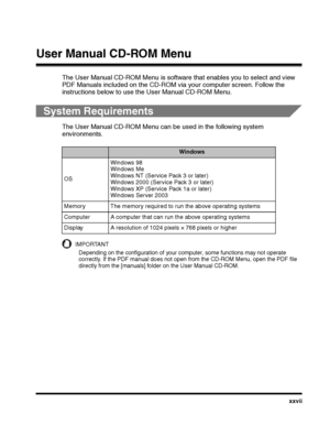 Page 29xxvii
User Manual CD-ROM Menu
The User Manual CD-ROM Menu is software that enables you to select and view 
PDF Manuals included on the CD-ROM via your computer screen. Follow the 
instructions below to use the User Manual CD-ROM Menu.
System Requirements
The User Manual CD-ROM Menu can be used in the following system 
environments.
IMPORTANT
Depending on the configuration of your computer, some functions may not operate 
correctly. If the PDF manual does not open from the CD-ROM Menu, open the PDF file...