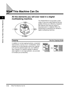 Page 42What This Machine Can Do1-12
Before You Start Using This Machine
1
What This Machine Can Do
All the elements you will ever need in a digital 
multitasking machine.
The iR2020/iR2016 incorporates a wide 
range of input and output features that can 
greatly enhance your efficiency. Equipped 
with features that meet the needs of 
document work in a digitized office, the 
iR2020/iR2016 represents the ultimate in 
digital multitasking machines. 
CopyingSee the Copying Guide
In addition to normal copying...