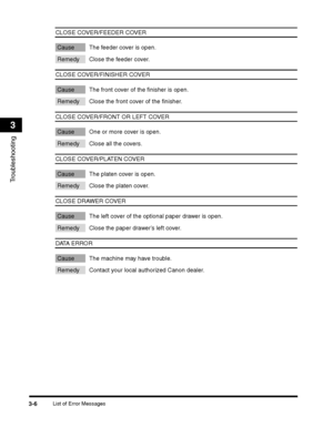 Page 80List of Error Messages3-6
Troubleshooting
3
CLOSE COVER/FEEDER COVER
Cause The feeder cover is open.
Remedy Close the feeder cover.
CLOSE COVER/FINISHER COVER
Cause The front cover of the finisher is open.
Remedy Close the front cover of the finisher.
CLOSE COVER/FRONT OR LEFT COVER
Cause One or more cover is open.
Remedy Close all the covers.
CLOSE COVER/PLATEN COVER
Cause The platen cover is open.
Remedy Close the platen cover.
CLOSE DRAWER COVER
Cause The left cover of the optional paper drawer is...