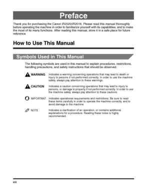 Page 10viii
Preface
Thank you for purchasing the Canon iR2020/iR2016. Please read this manual thoroughly 
before operating the machine in order to familiarize yourself with its capabilities, and to make 
the most of its many functions. After reading this manual, store it in a safe place for future 
reference.
How to Use This Manual
Symbols Used in This Manual
The following symbols are used in this manual to explain procedures, restrictions, 
handling precautions, and safety instructions that should be...