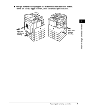 Page 33Placering och hantering av enheten1-7
Innan du börjar använda enheten
1
■Tänk på att hålla i handgreppen när du bär maskinen (se bilden nedan). 
I annat fall kan du tappa enheten, vilket kan orsaka personskador.
Dra ut och 
håll i dessa 
handtag.Håll i dessa 
infällda 
handta g.
 
 