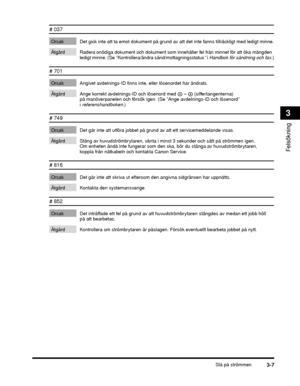 Page 71Slå på strömmen3-7
Felsökning
3
# 037 
Orsak Det gick inte att ta emot dokument på grund av att det inte fanns tillräckligt med ledigt minne. 
Åtgärd Radera onödiga dokument och dokument som innehåller fel från minnet för att öka mängden 
ledigt minne. (Se ”Kontrollera/ändra sänd/mottagningsstatus ” i Handbok för sändning och fax .)
# 701 
Orsak Angivet avdelnings-ID finns inte, eller lösenordet har ändrats. 
Åtgärd Ange korrekt avdelnings-ID och lö senord med   –   (siffertangenterna) 
på manöverpanelen...