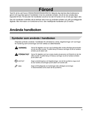 Page 9v
Förord
Tack för att du valt Canon iR2030/iR2025/iR2022i/iR2018i. Bekanta dig med de olika funktionerna 
genom att noga läsa igenom handboken innan du använder enheten, så att du kan utnyttja dess 
kapacitet till fullo. Förvara den här handboken så att  du har den till hands om du vill slå upp något i den. 
Den här handboken innehåller allt du behöver veta innan du använder enheten och utför grundläggande 
åtgärder. Mer information om funktionern a finns i den medföljande handboken på CD-skivan.
Använda...