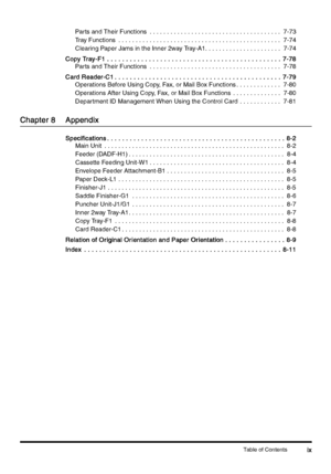 Page 11Table of Contentsix
ixix ix Parts and Their Functions  . . . . . . . . . . . . . . . . . . . . . . . . . . . . . . . . . . . . . .  7-73
Tray Functions  . . . . . . . . . . . . . . . . . . . . . . . . . . . . . . . . . . . . . . . . . . . . . . .  7-74
Clearing Paper Jams in the Inner 2way Tray-A1. . . . . . . . . . . . . . . . . . . . . .  7-74
Copy Tray-F1
Copy Tray-F1Copy Tray-F1 Copy Tray-F1 . . . . . . . . . . . . . . . . . . . . . . . . . . . . . . . . . . . . . . . . . . . . . . 
 . . . . . . . ....