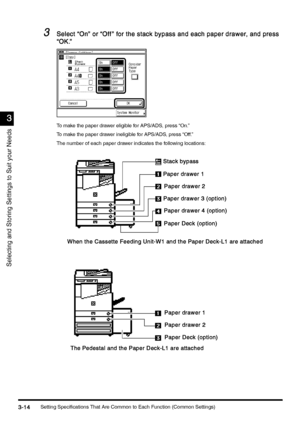 Page 124Setting Specifications That Are Common to Each Function (Common Settings)3-14
3-143-14 3-14
3
33 3
Selecting and Storing Settings to Suit your Needs
3
33 3Select “On” or “Off ” for the stack bypass and each paper drawer, and press 
Select “On” or “Off ” for the stack bypass and each paper drawer, and press Select “On” or “Off ” for the stack bypass and each paper drawer, and press  Select “On” or “Off ” for the stack bypass and each paper drawer, and press 
“OK.”
“OK.”“OK.” “OK.”
To make the paper drawer...