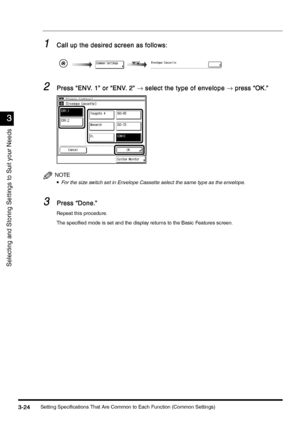 Page 134Setting Specifications That Are Common to Each Function (Common Settings)3-24
3-243-24 3-24
3
33 3
Selecting and Storing Settings to Suit your Needs
1
11 1Call up the desired screen as follows:
Call up the desired screen as follows:Call up the desired screen as follows: Call up the desired screen as follows:
2
22 2Press “ENV. 1” or “ENV. 2” 
Press “ENV. 1” or “ENV. 2” Press “ENV. 1” or “ENV. 2”  Press “ENV. 1” or “ENV. 2” → select the type of envelope 
 select the type of envelope  select the type of...