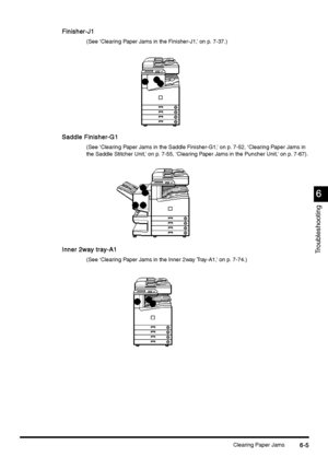 Page 217Clearing Paper Jams6-5
6-56-5 6-5
6
66 6
Troubleshooting
Finisher-J1
Finisher-J1Finisher-J1 Finisher-J1
(See ‘Clearing Paper Jams in the Finisher-J1,’ on p. 7-37.)
Saddle Finisher-G1
Saddle Finisher-G1Saddle Finisher-G1 Saddle Finisher-G1
(See ‘Clearing Paper Jams in the Saddle Finisher-G1,’ on p. 7-52, ‘Clearing Paper Jams in 
the Saddle Stitcher Unit,’ on p. 7-55, ‘Clearing Paper Jams in the Puncher Unit,’ on p. 7-67).
Inner 2way tray-A1
Inner 2way tray-A1Inner 2way tray-A1 Inner 2way tray-A1
(See...